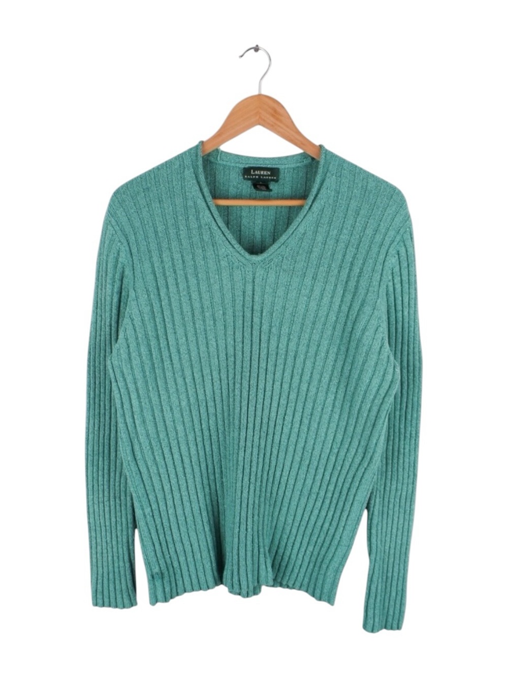 Lauren Ralph Lauren Silk Linen Cotton Sweater L Seafoam Green Ribbed V-Neck